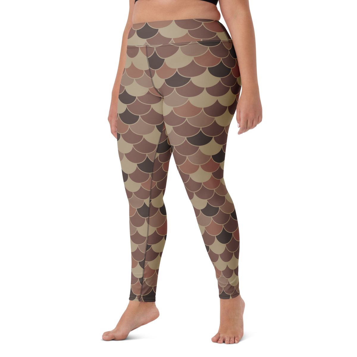 Scallop Mocha Mousse high-waisted yoga leggings, larger-model left-front view.