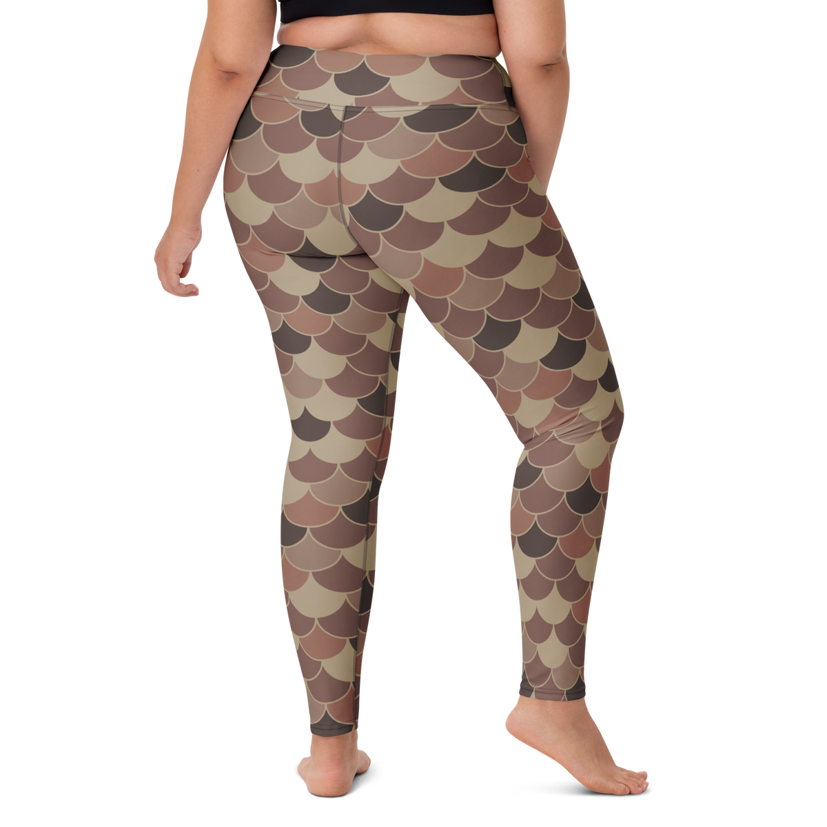Scallop Mocha Mousse high-waisted yoga leggings, larger-model right-back view.