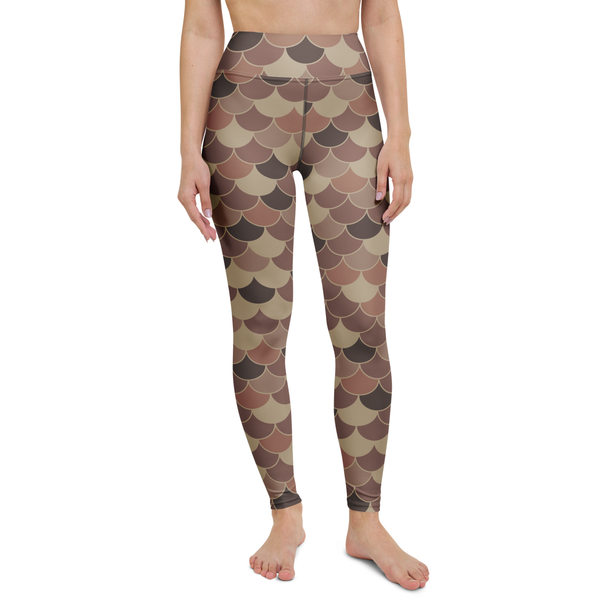 Scallop · Mocha Mousse high-waisted yoga leggings, straight front view, barefoot.