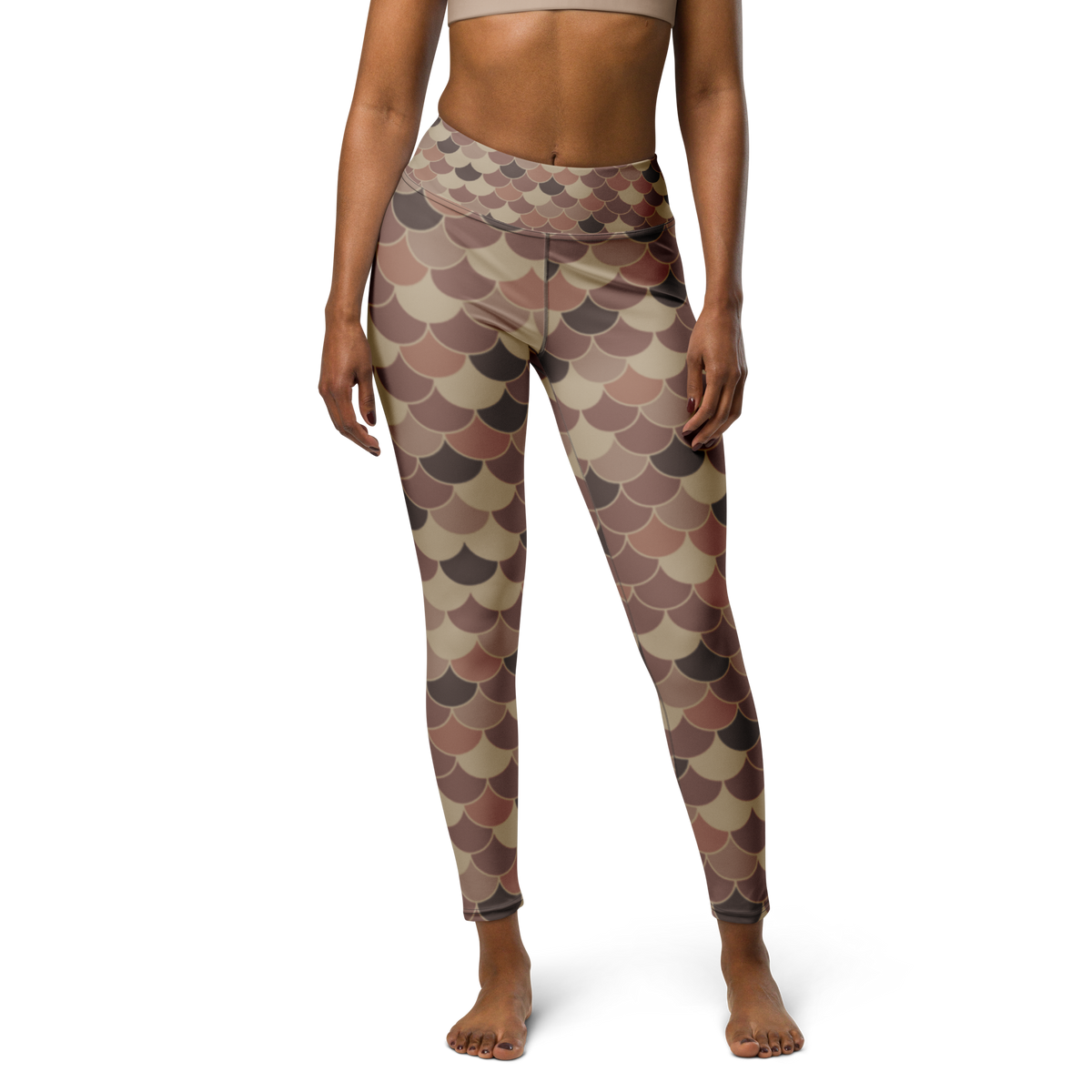 Scallop · Mocha Mousse high-waisted yoga leggings, front view.