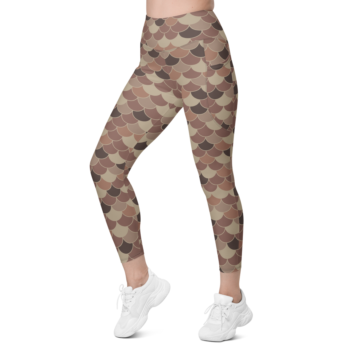 Scallop Relaxed Elegance high-waisted pocket leggings, left-front view.