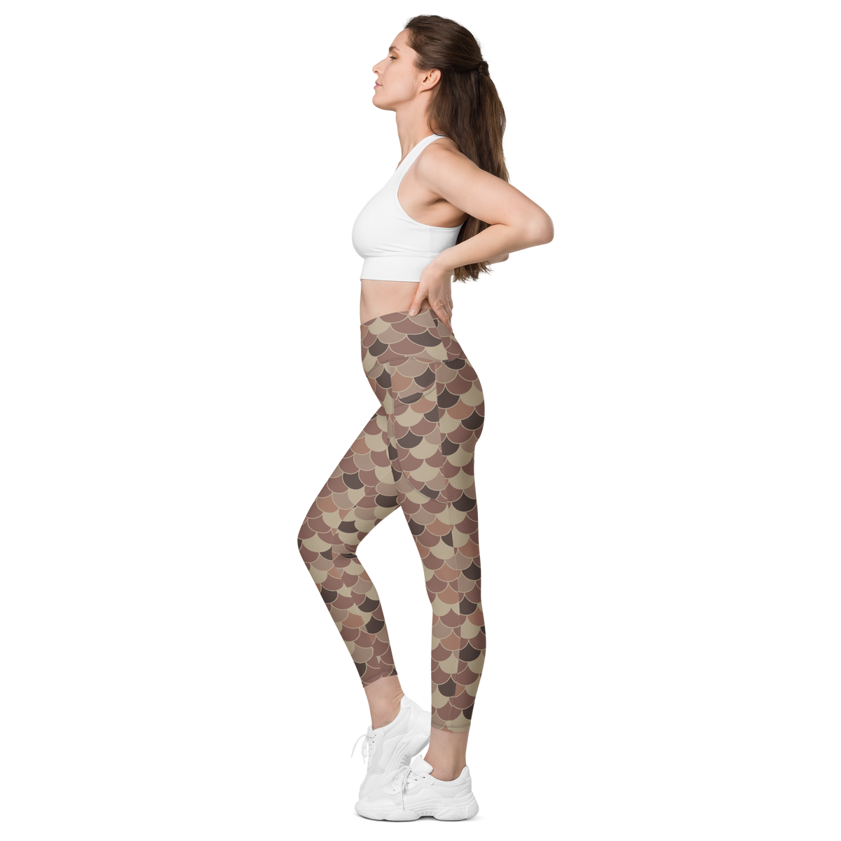 Scallop Relaxed Elegance high-waisted pocket leggings, pocket-in-use view.