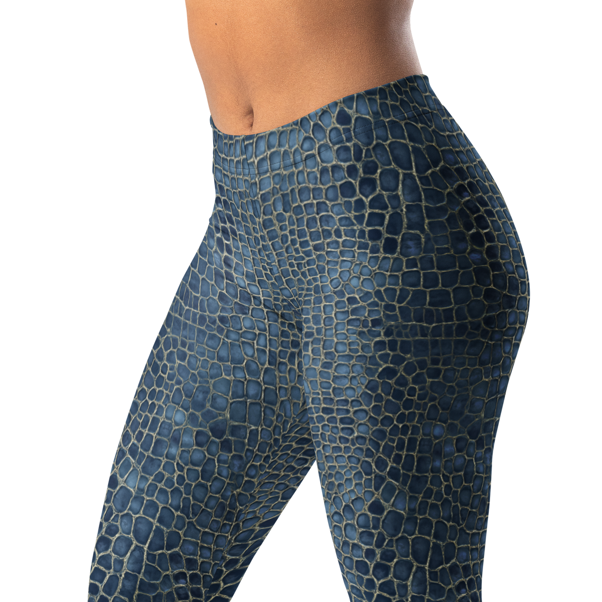 Serpenta · Blue mid-rise everyday leggings, waistband and pattern detail.