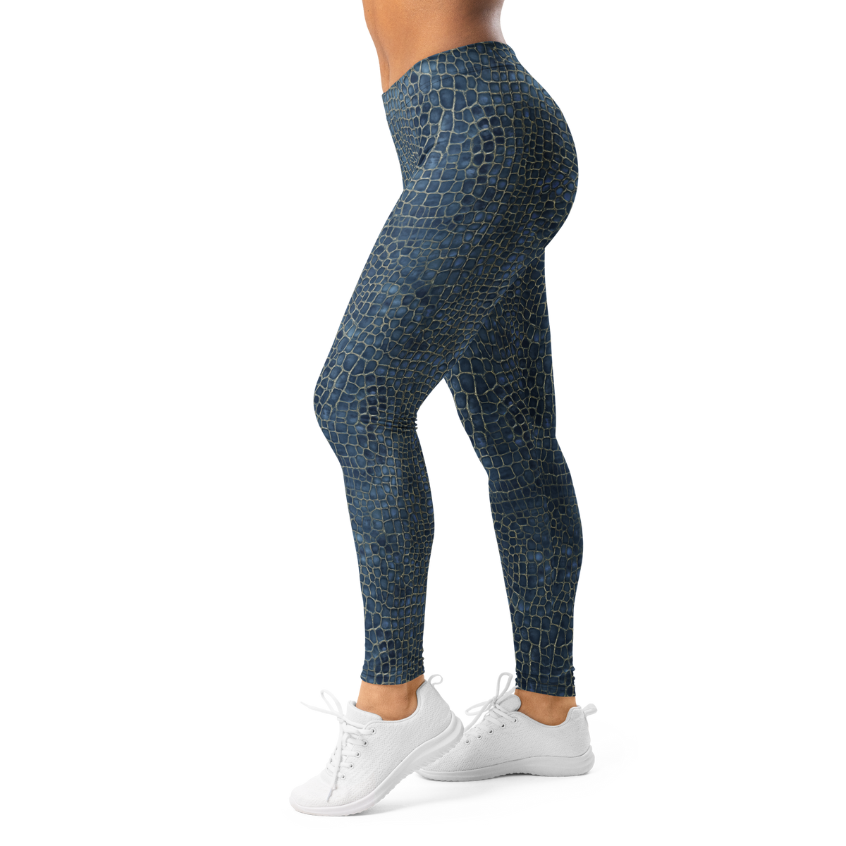 Serpenta Blue mid-rise comfort leggings, left-side view.