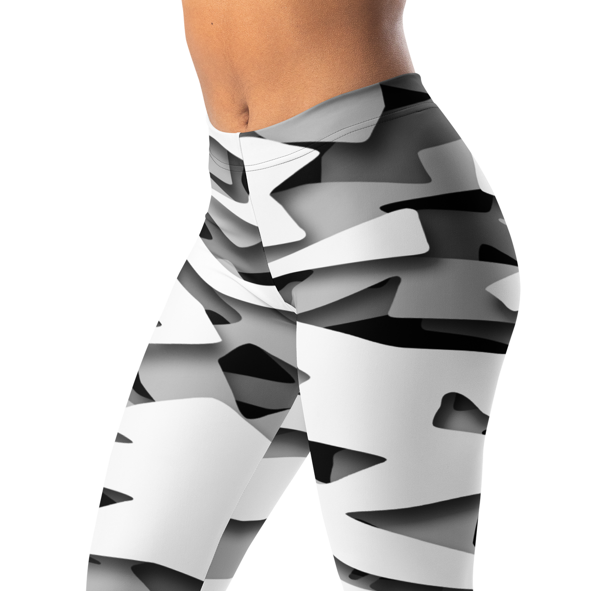 Specto Greyscale mid-rise comfort leggings, waistband and pattern detail.