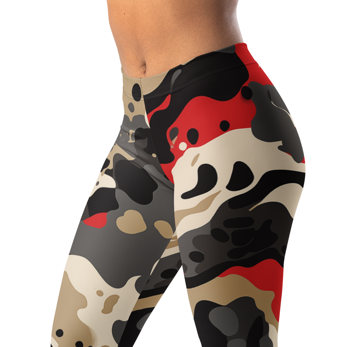 Splatt Scarfhold camouflage mid-rise comfort leggings, waistband and pattern detail.