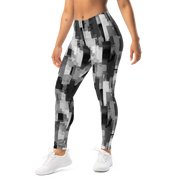 Statique Greyscale camouflage mid-rise comfort leggings, left-front view.
