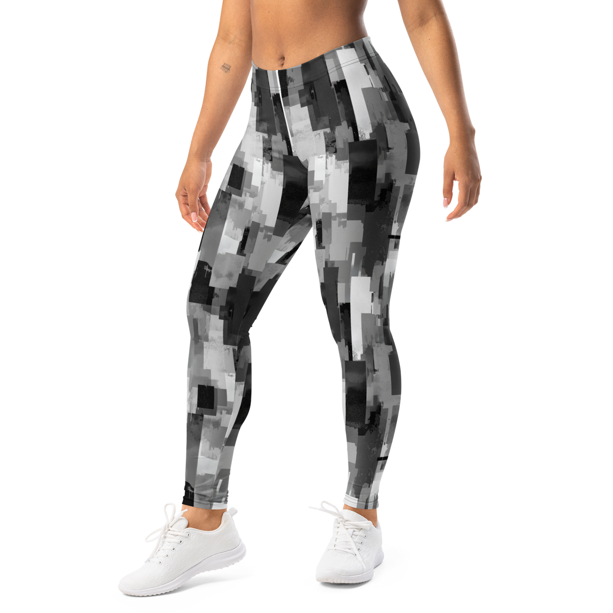 Statique Greyscale camouflage mid-rise comfort leggings, left-front view.