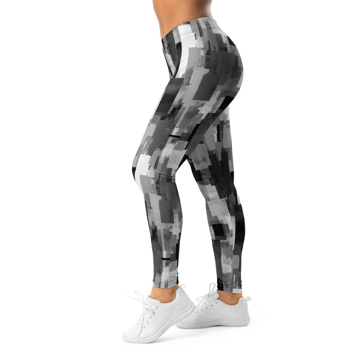 Statique Greyscale camouflage mid-rise comfort leggings, left-side view.