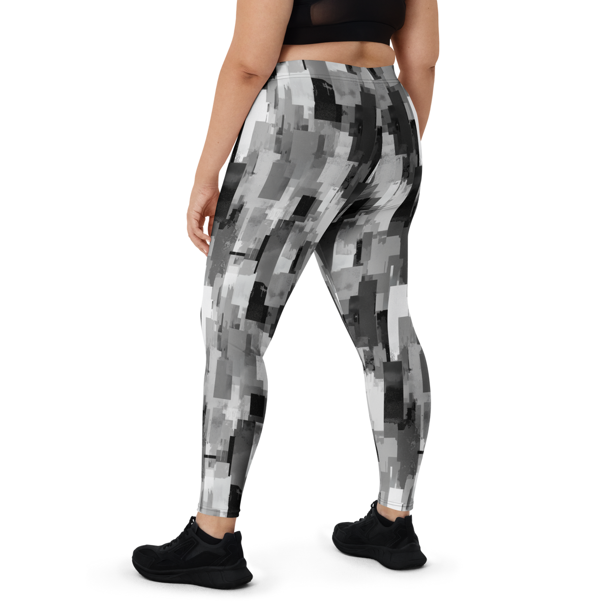Statique Greyscale camouflage mid-rise comfort leggings, oversize-fit back view.