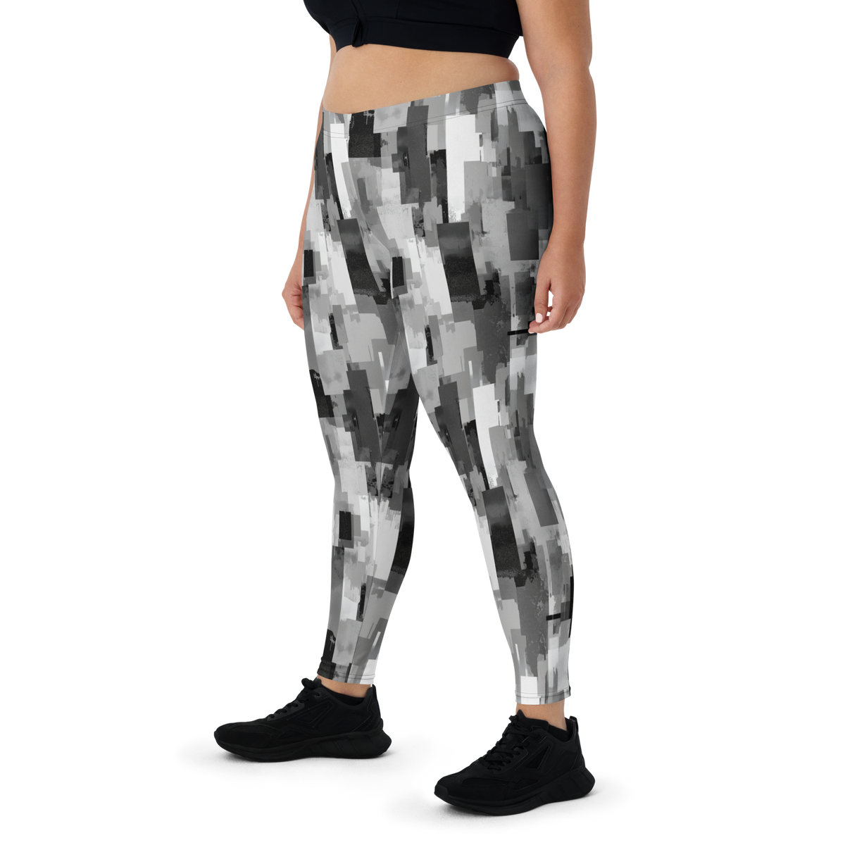 Statique Greyscale camouflage mid-rise comfort leggings, oversize-fit front view.