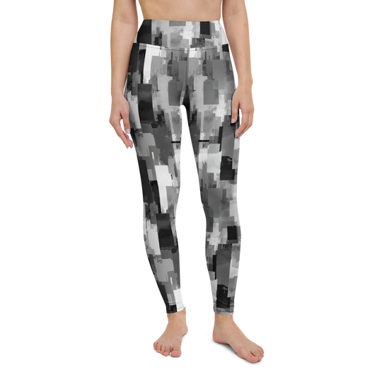 Statique · Greyscale high-waisted yoga leggings, straight front view, barefoot.