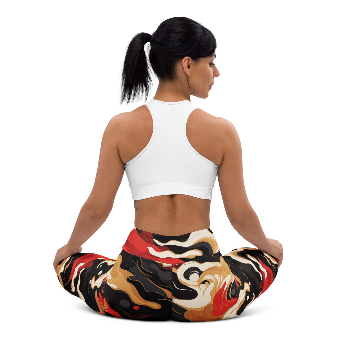 Swash Scarfhold Palette camouflage high-waisted yoga leggings, seated back view.