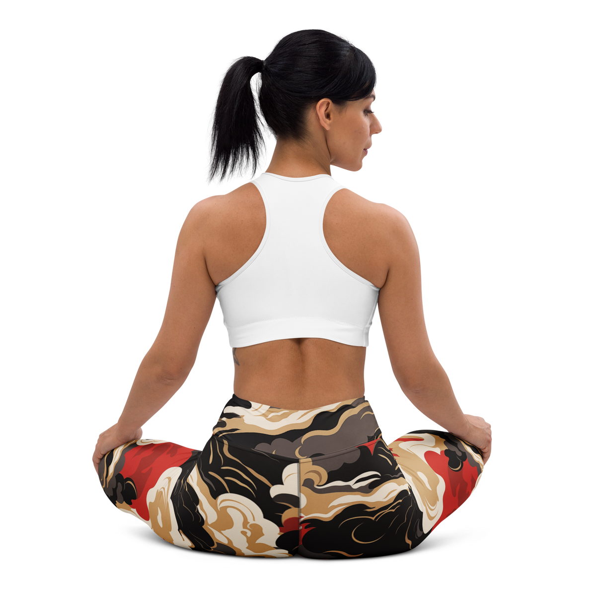 Tempest Scarfhold Palette high-waisted yoga leggings, seated back view.