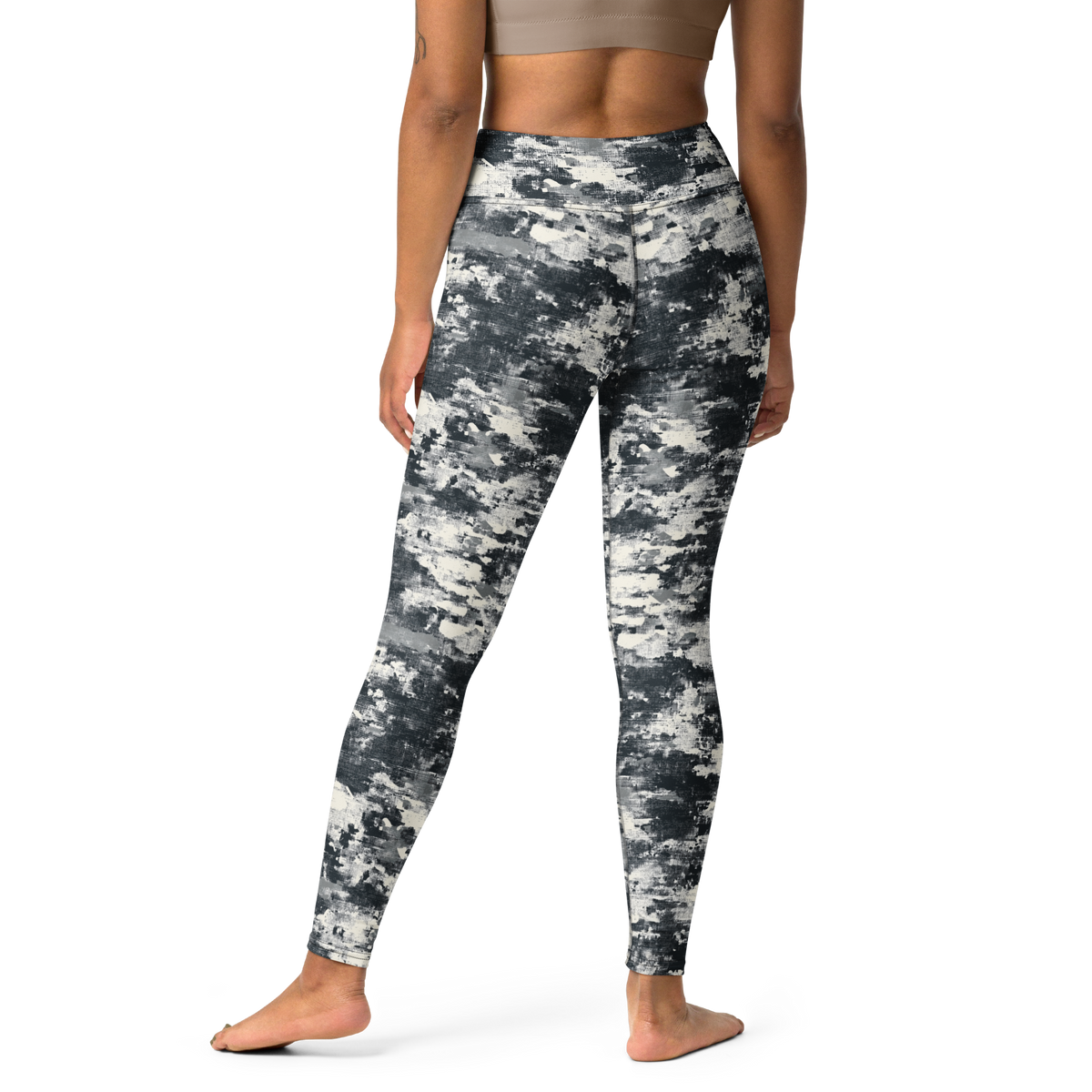 Textra Greyscale camouflage high-waisted yoga leggings, back view.