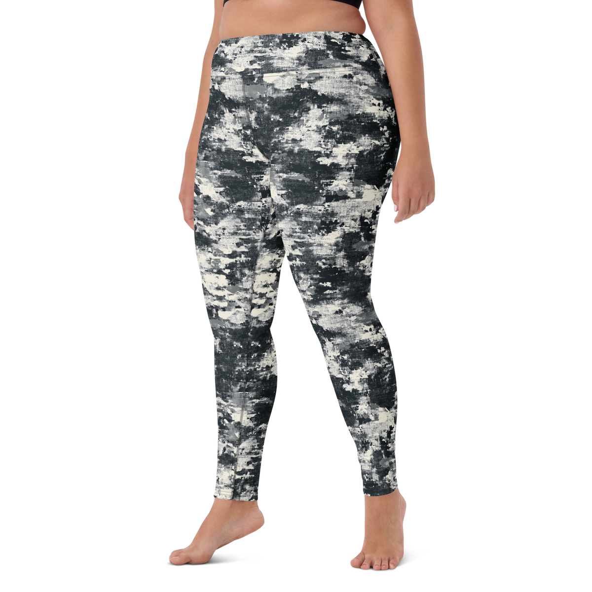 Textra Greyscale camouflage high-waisted yoga leggings, larger-model left-front view.
