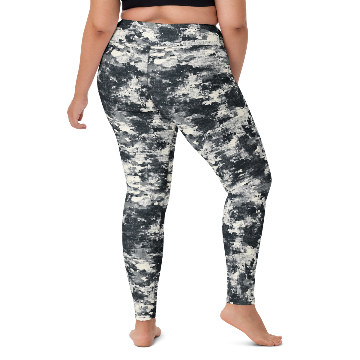 Textra Greyscale camouflage high-waisted yoga leggings, larger-model right-back view.