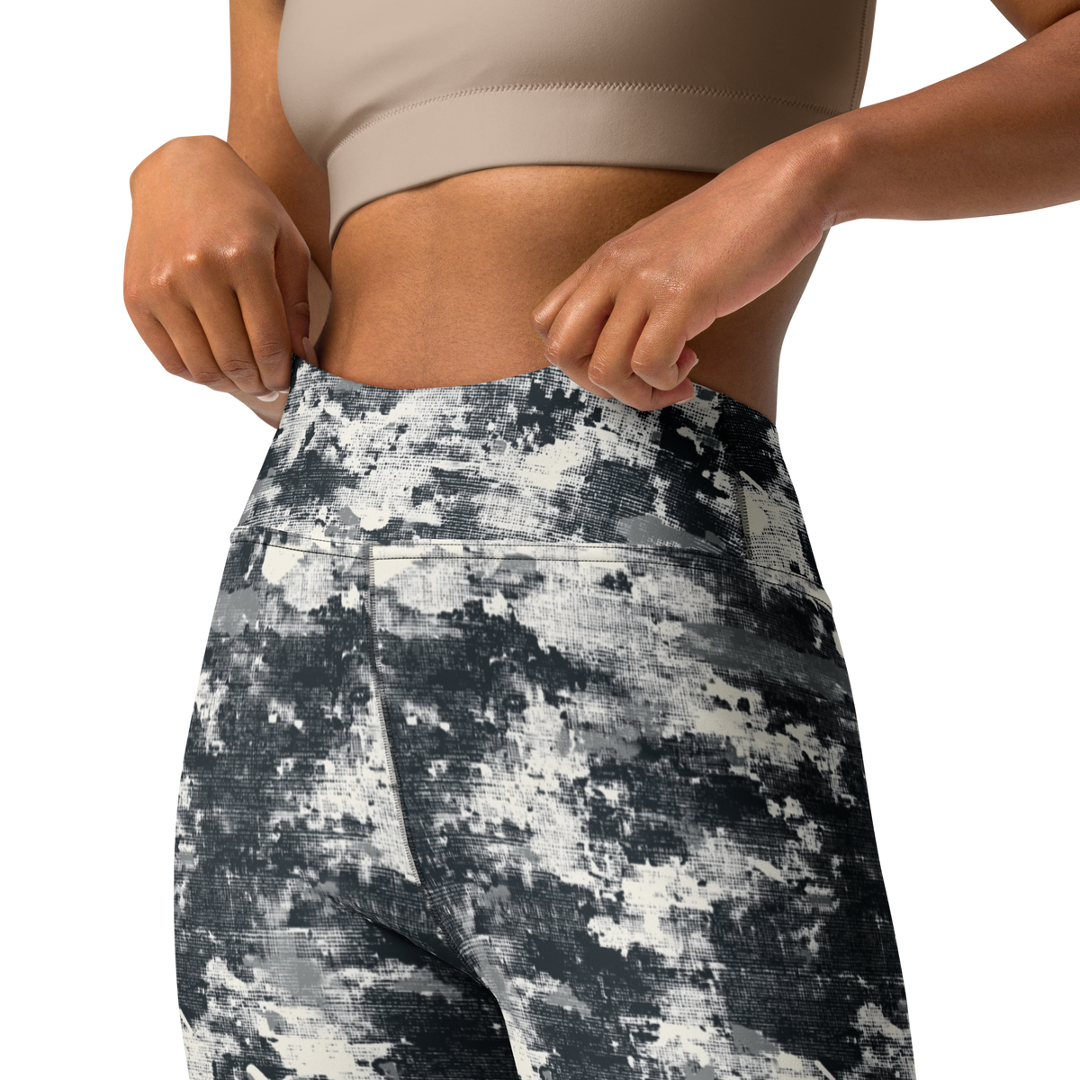 Textra Greyscale camouflage high-waisted yoga leggings, waistband and construction detail.