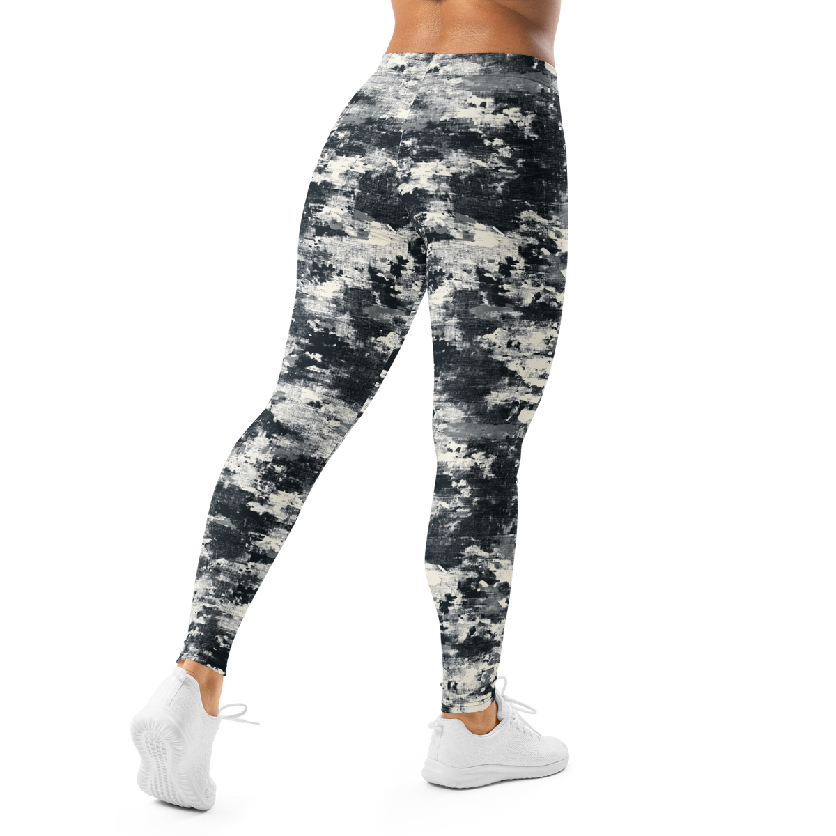 Textra Greyscale camouflage mid-rise comfort leggings, back view.