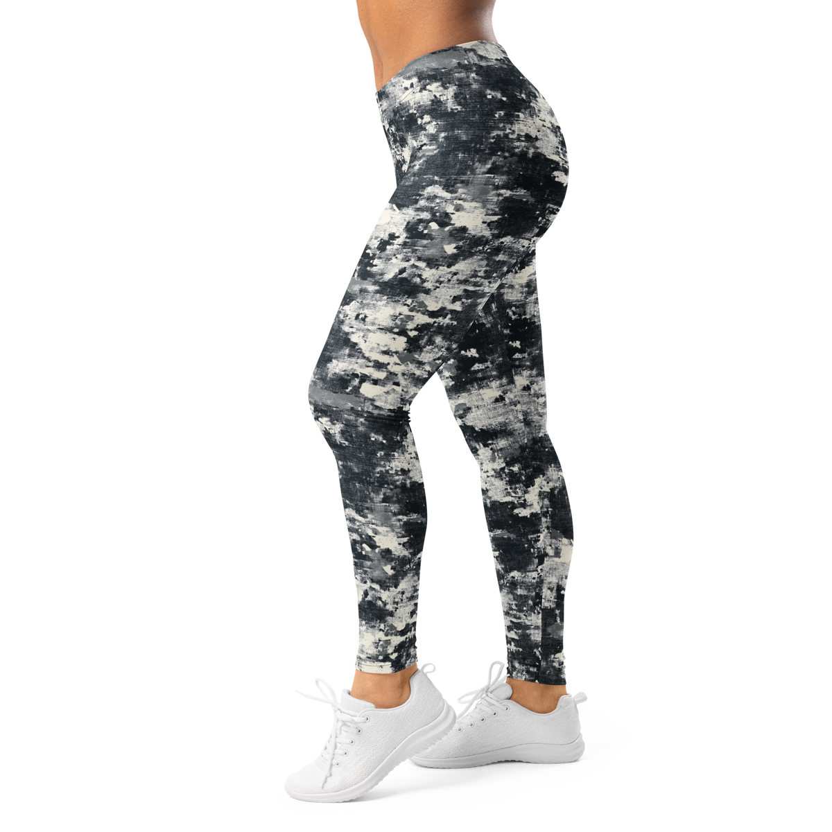 Textra Greyscale camouflage mid-rise comfort leggings, left-side view.