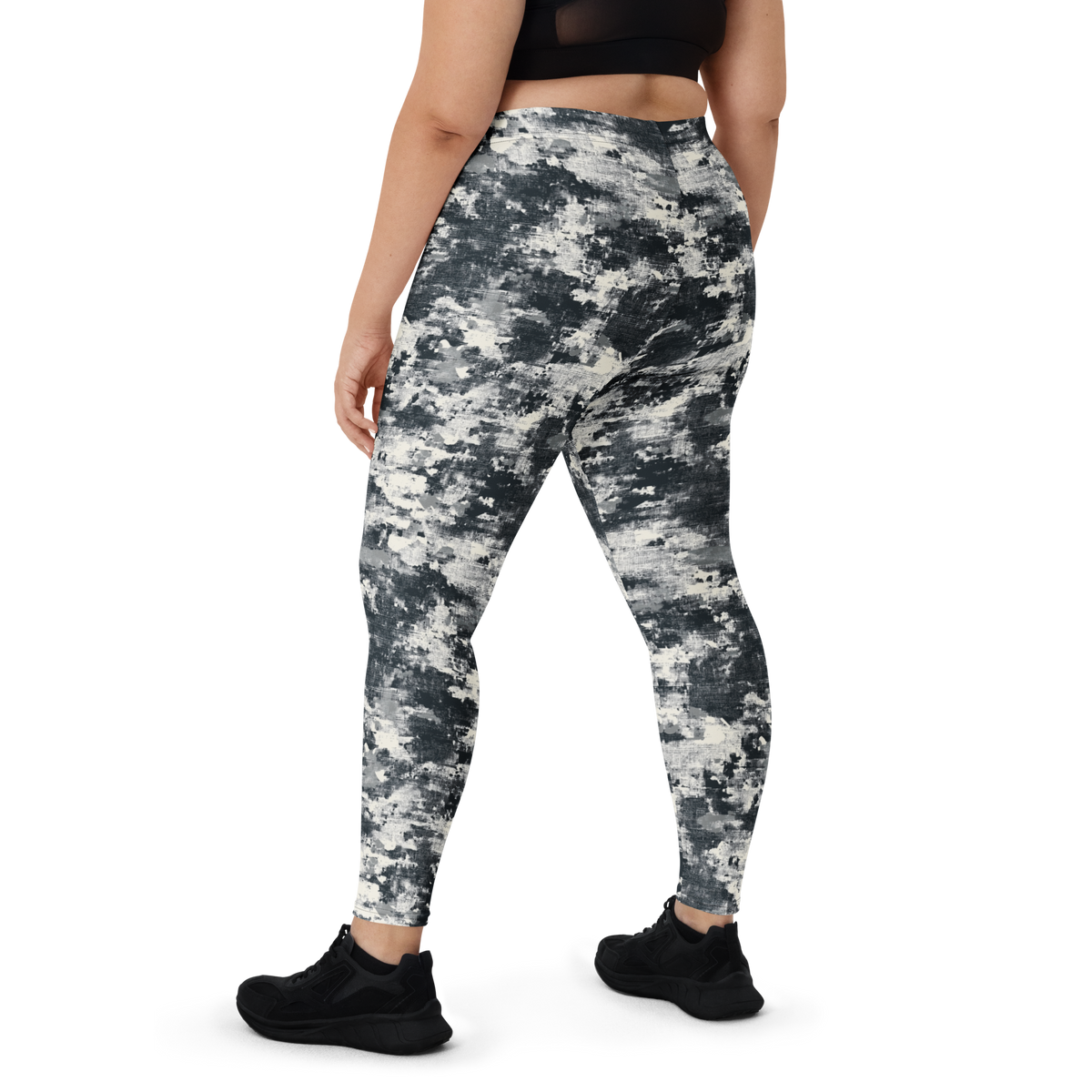 Textra Greyscale camouflage mid-rise comfort leggings, oversize-fit back view.