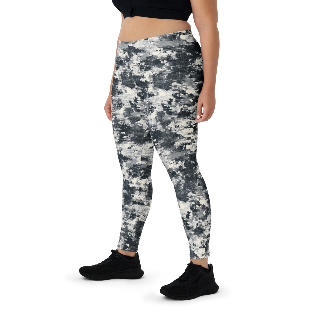 Textra Greyscale camouflage mid-rise comfort leggings, oversize-fit front view.