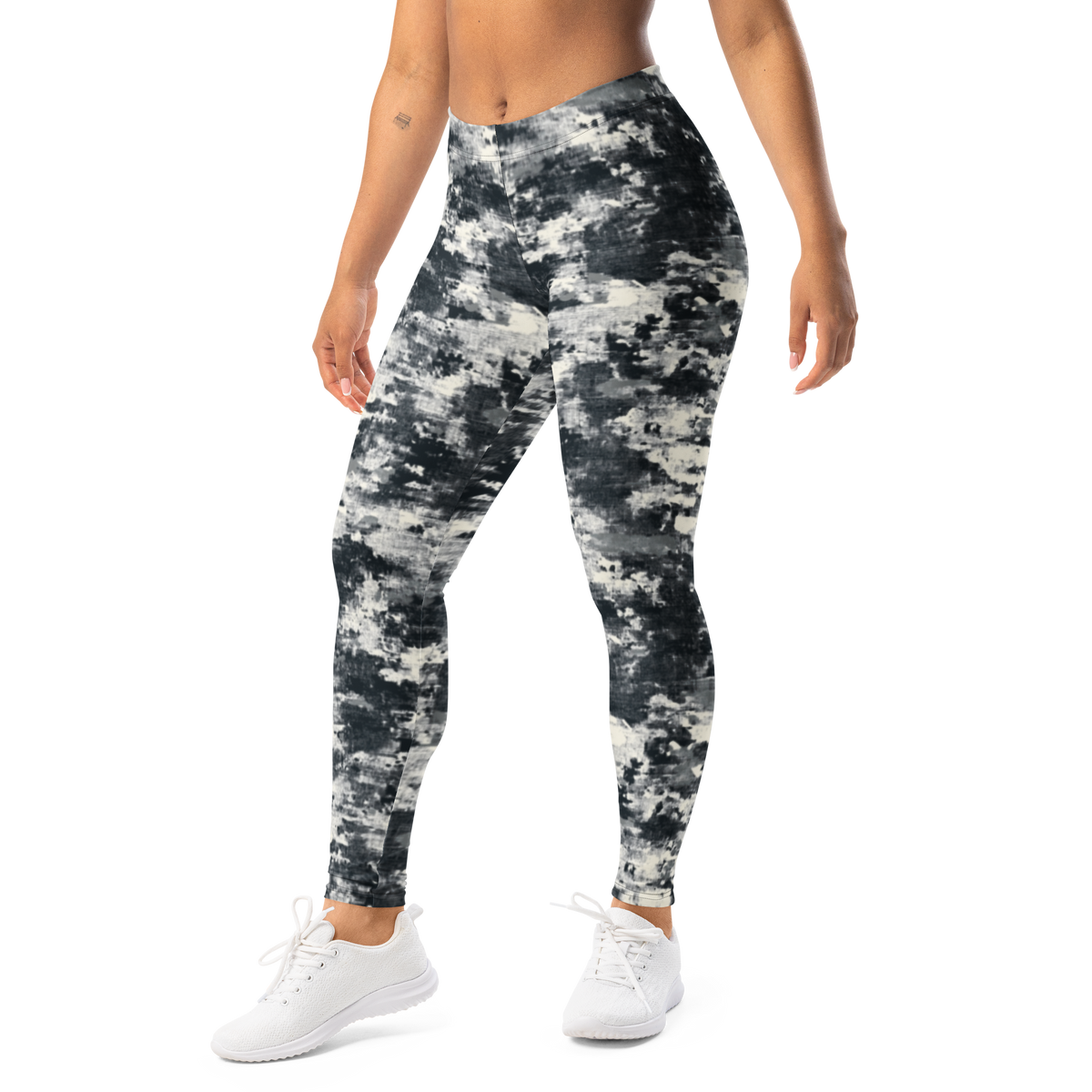 Textra · Greyscale mid-rise everyday leggings, left-front view.