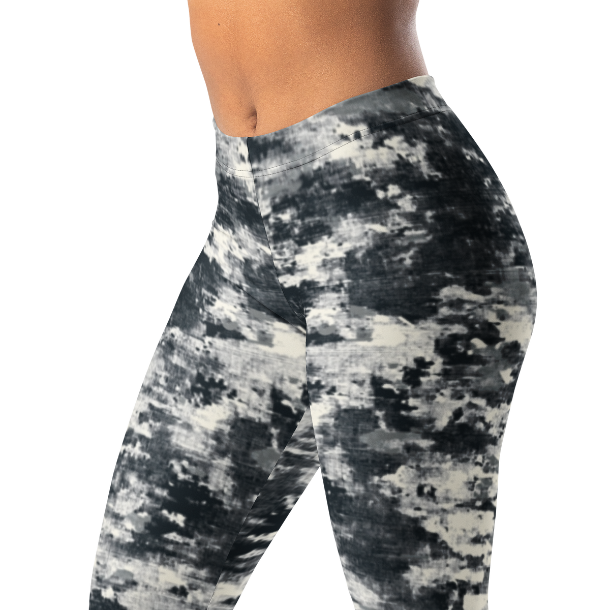 Textra · Greyscale mid-rise everyday leggings, waistband and pattern detail.