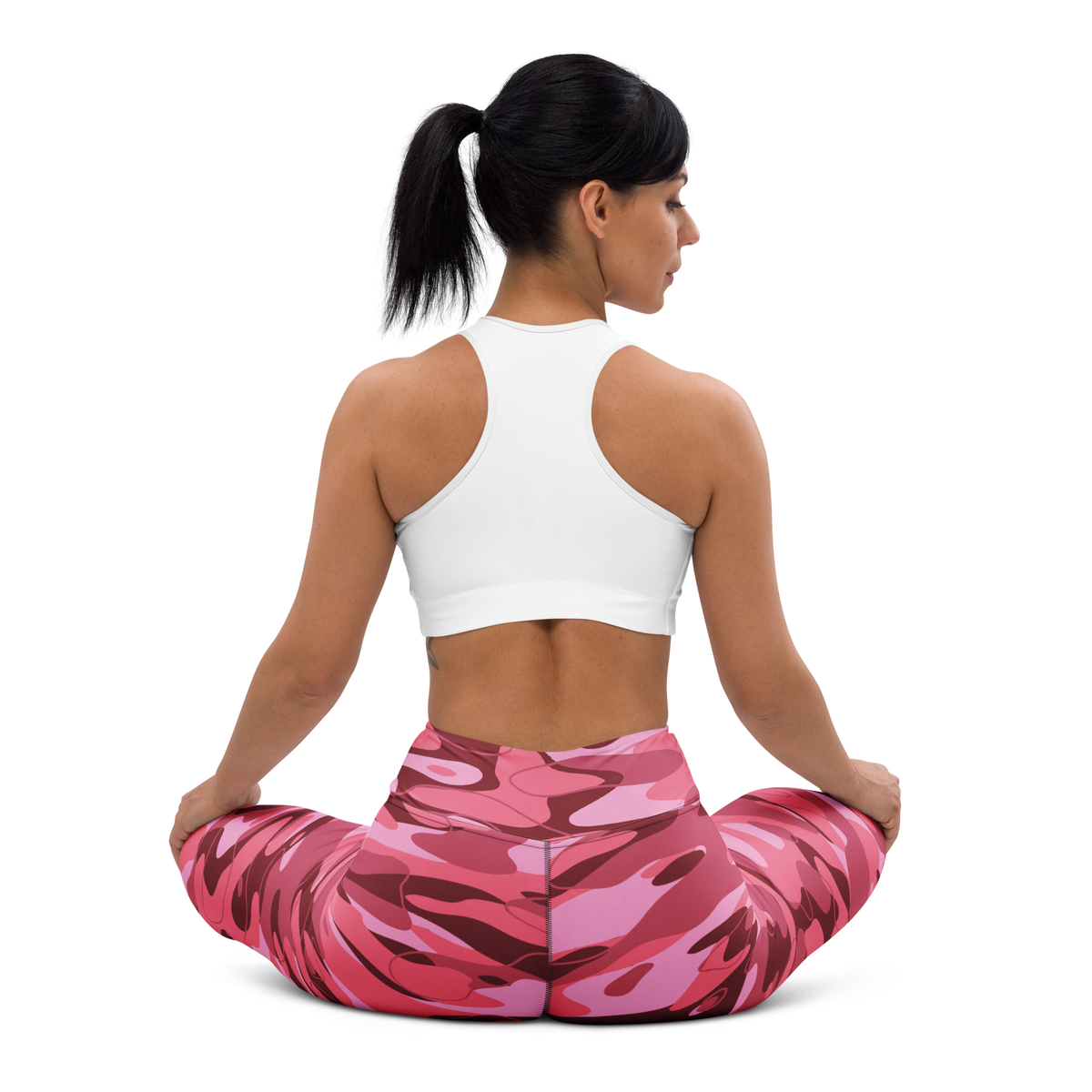 Tideway Deliciousness high-waisted yoga leggings, seated back view.