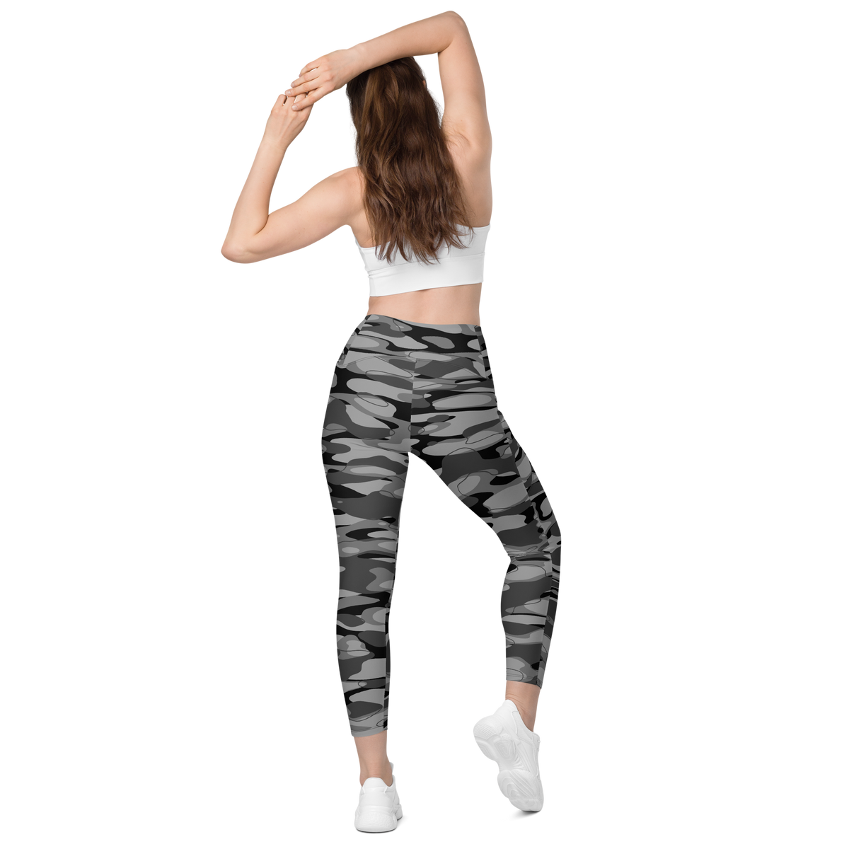 Tideway Greyscale high-waisted pocket leggings, back view.