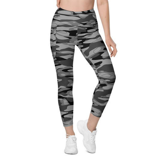 Tideway Greyscale high-waisted pocket leggings, front view.