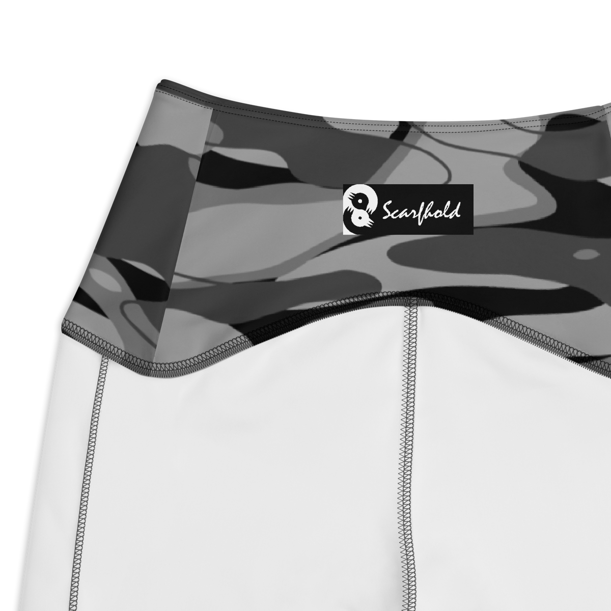 Tideway Greyscale high-waisted pocket leggings, inside-label and construction detail.