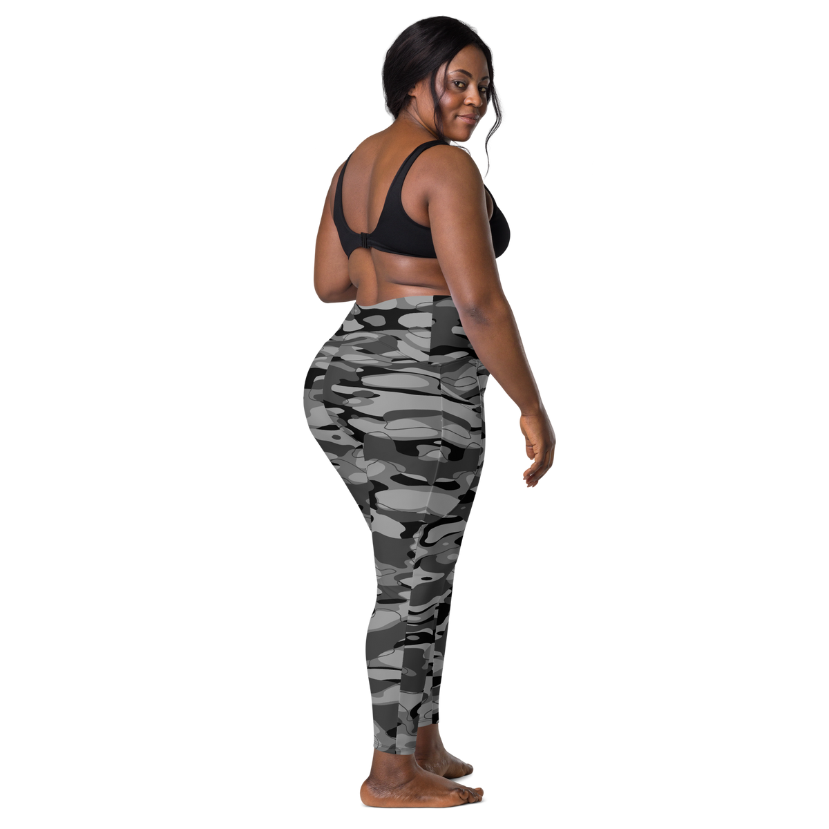 Tideway Greyscale high-waisted pocket leggings, larger-model back view.