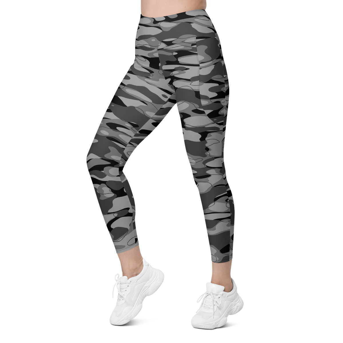 Tideway Greyscale high-waisted pocket leggings, left-front view.