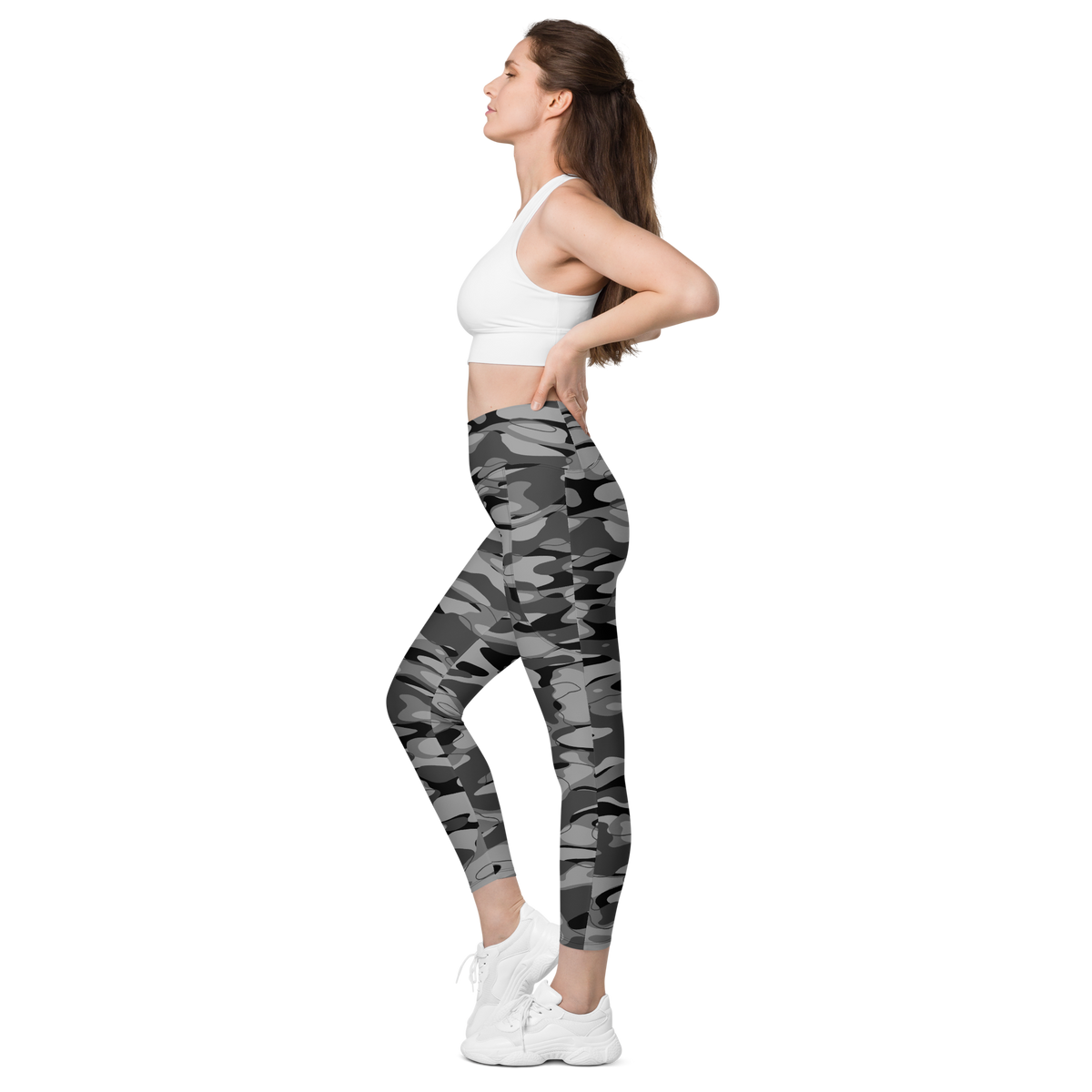 Tideway Greyscale high-waisted pocket leggings, pocket-in-use view.