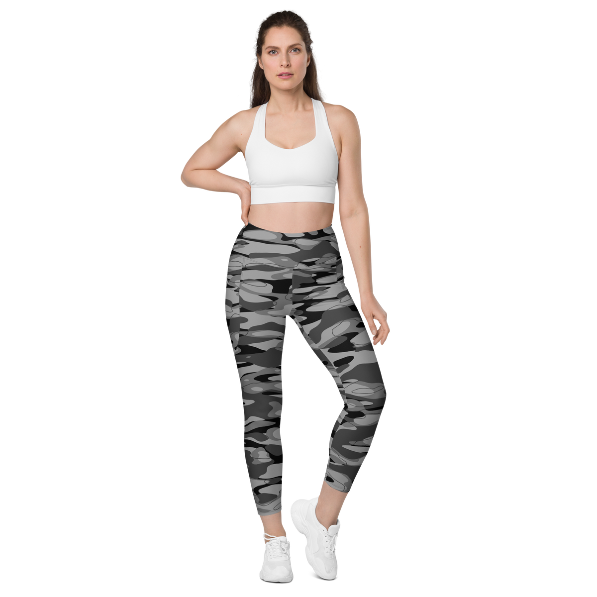 Tideway Greyscale high-waisted pocket leggings, straight-front view.