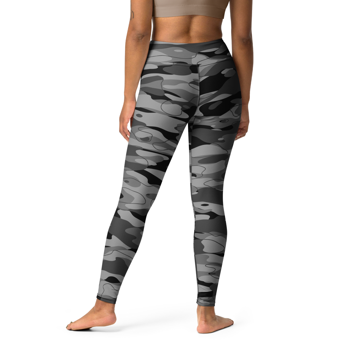 Tideway Greyscale high-waisted yoga leggings, back view.