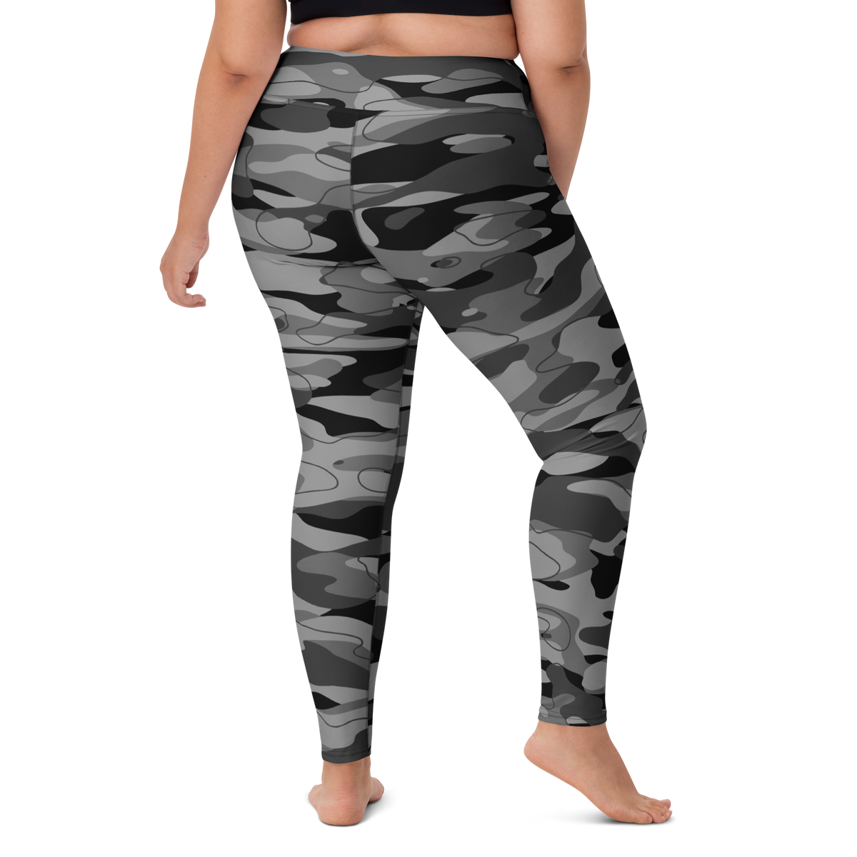 Tideway Greyscale high-waisted yoga leggings, larger-model right-back view.