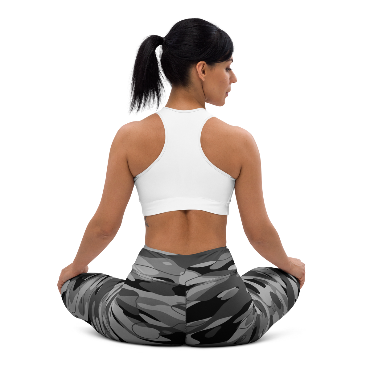 Tideway Greyscale high-waisted yoga leggings, seated back view.