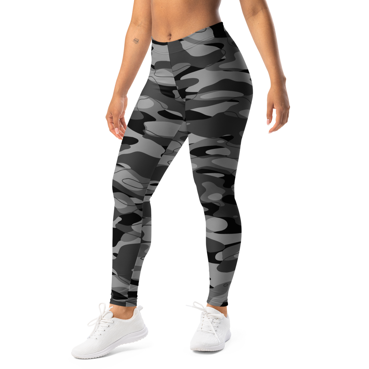 Tideway Greyscale mid-rise comfort leggings, left-front view.