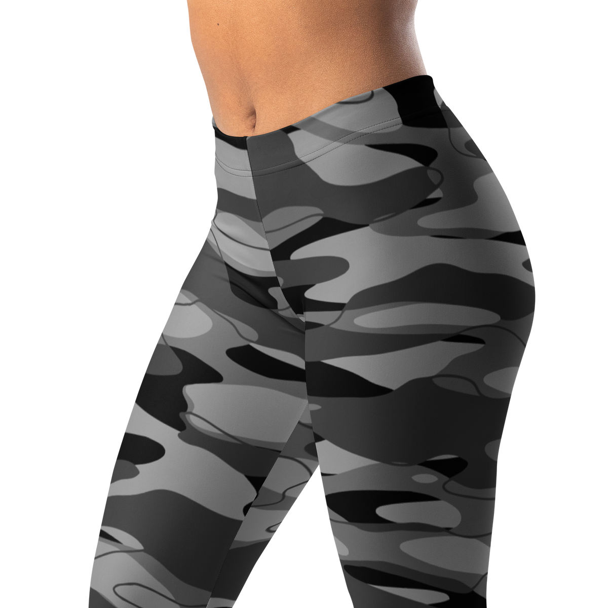 Tideway Greyscale mid-rise comfort leggings, waistband and pattern detail.