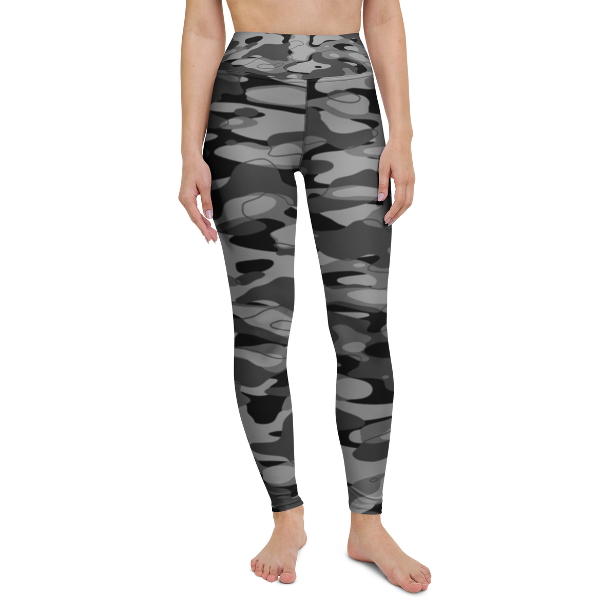 Tideway · Greyscale high-waisted yoga leggings, straight front view, barefoot.