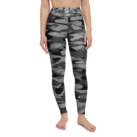 Tideway · Greyscale high-waisted yoga leggings, straight front view, barefoot.