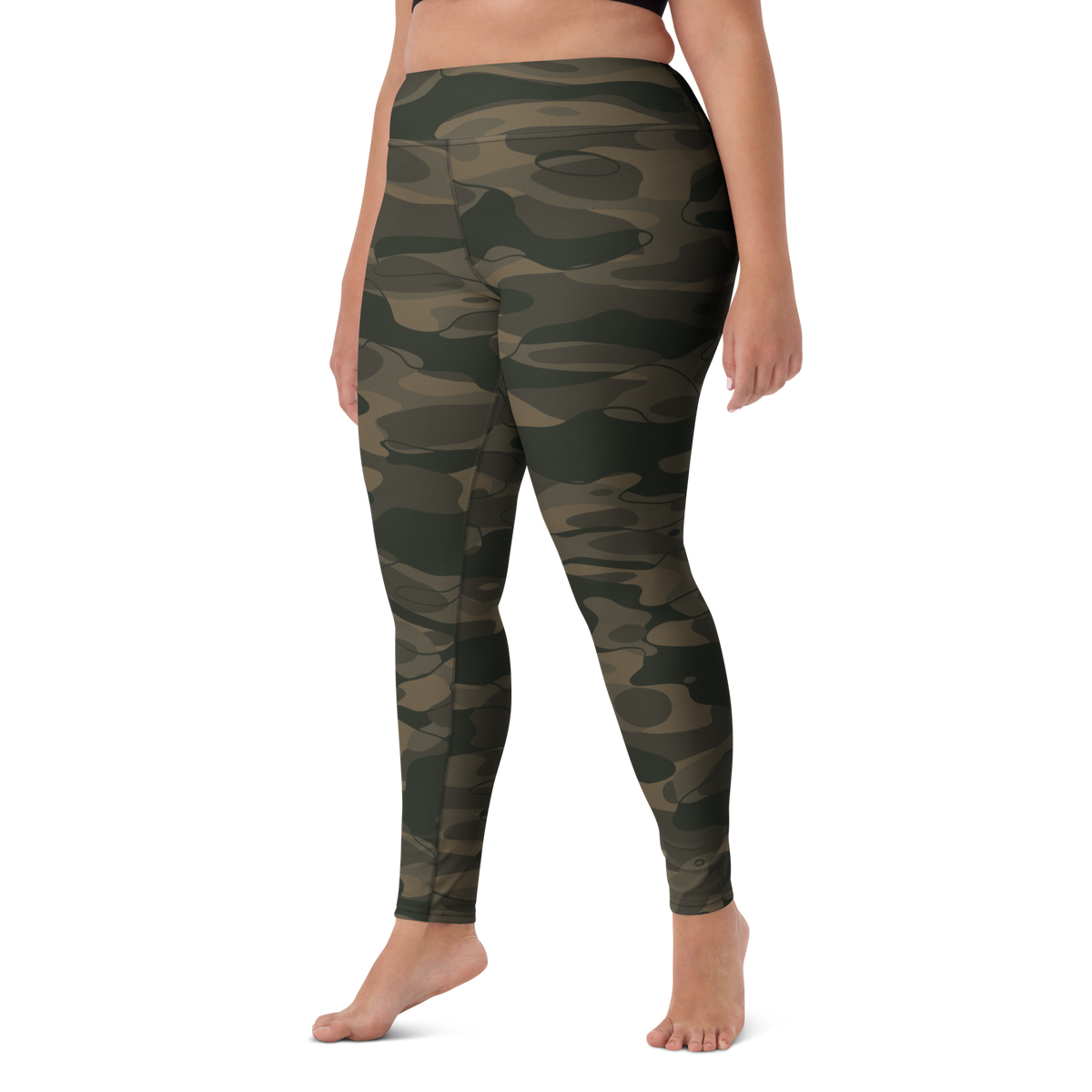Tideway Woodland high-waisted yoga leggings, larger-model left-front view.