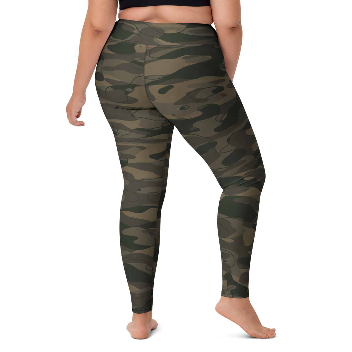 Tideway Woodland high-waisted yoga leggings, larger-model right-back view.