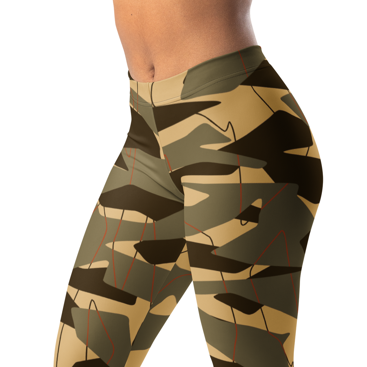 Timbre camouflage mid-rise comfort leggings, waistband and pattern detail.