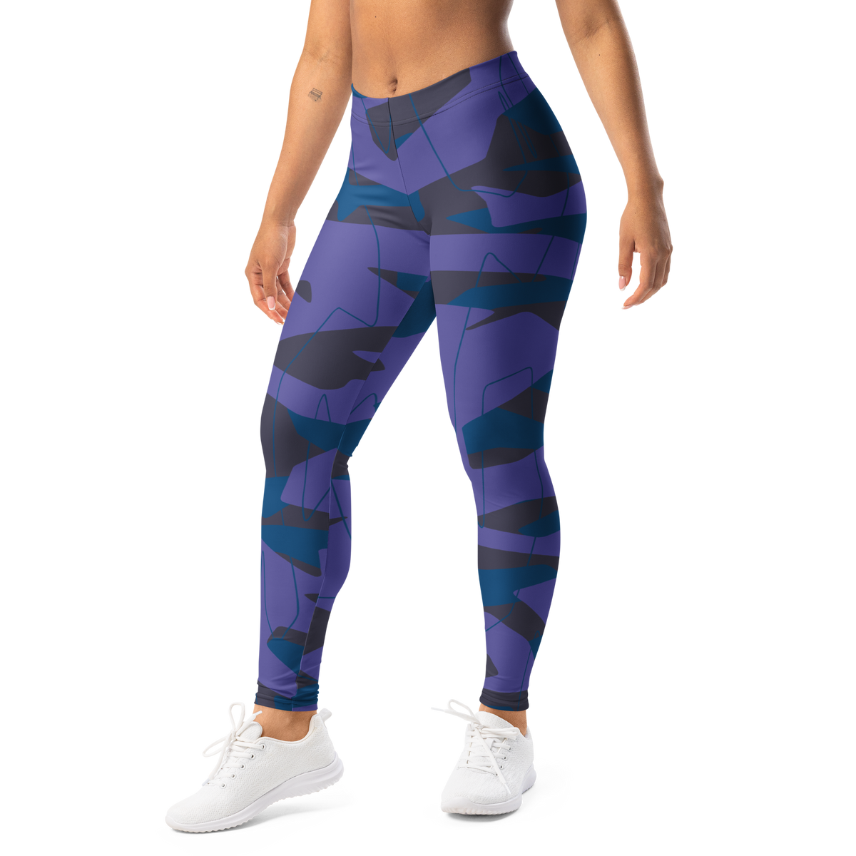 Timbre Classic Blue 18 camouflage mid-rise comfort leggings, left-front view.