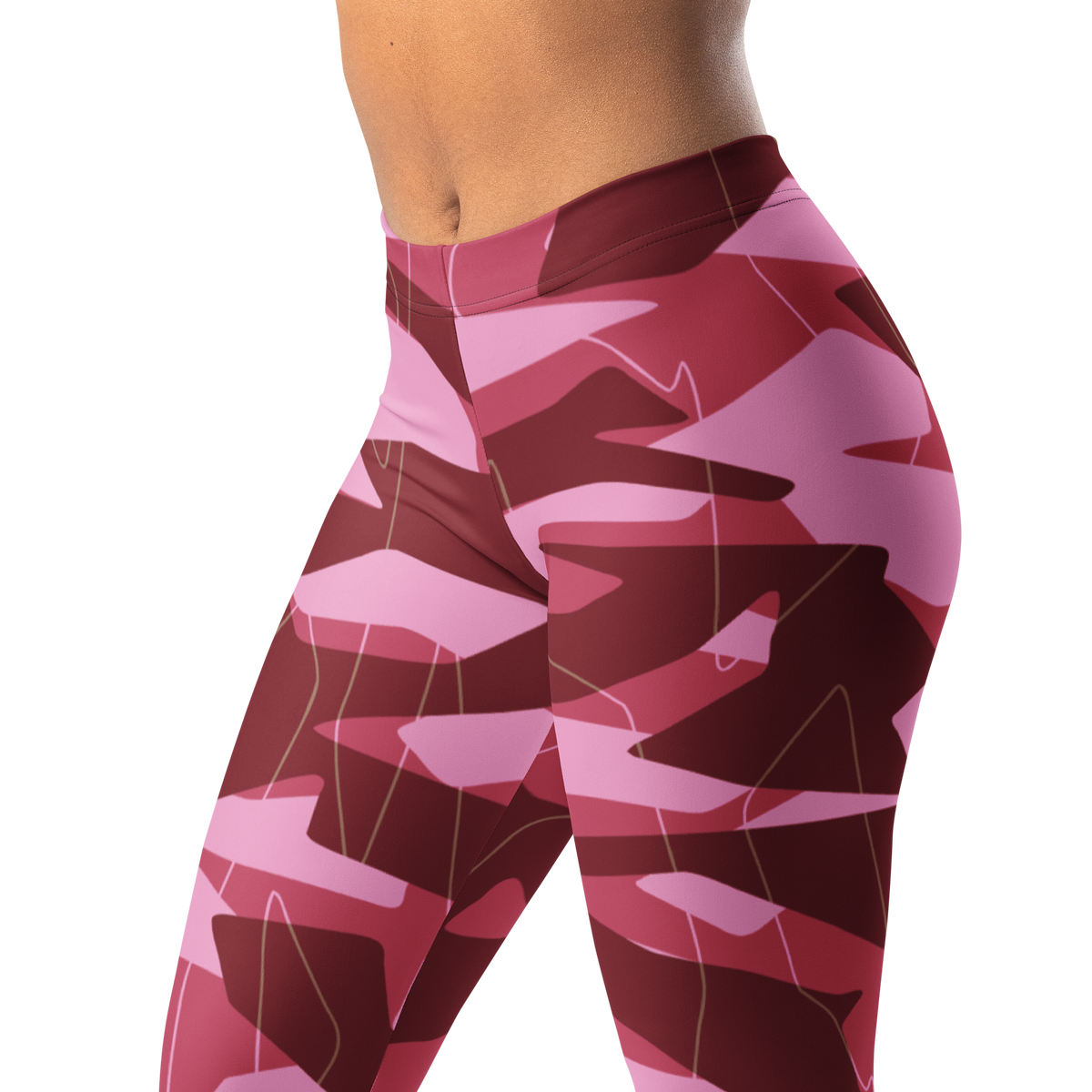 Timbre Deliciousness 2 camouflage mid-rise comfort leggings, waistband and pattern detail.