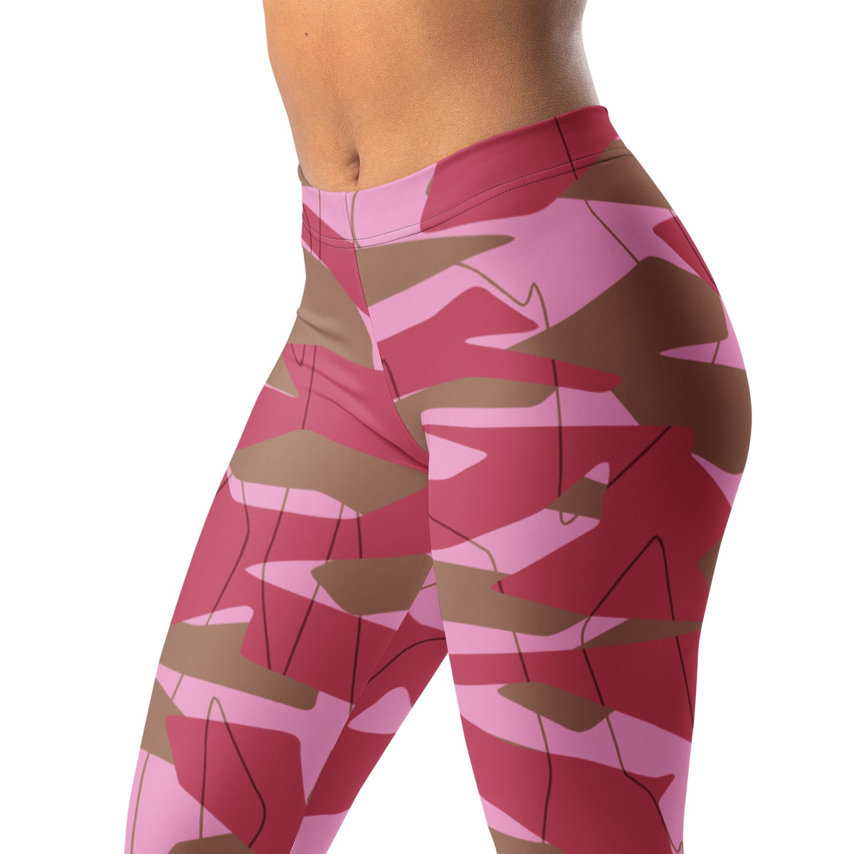 Timbre Deliciousness 3 camouflage mid-rise comfort leggings, waistband and pattern detail.