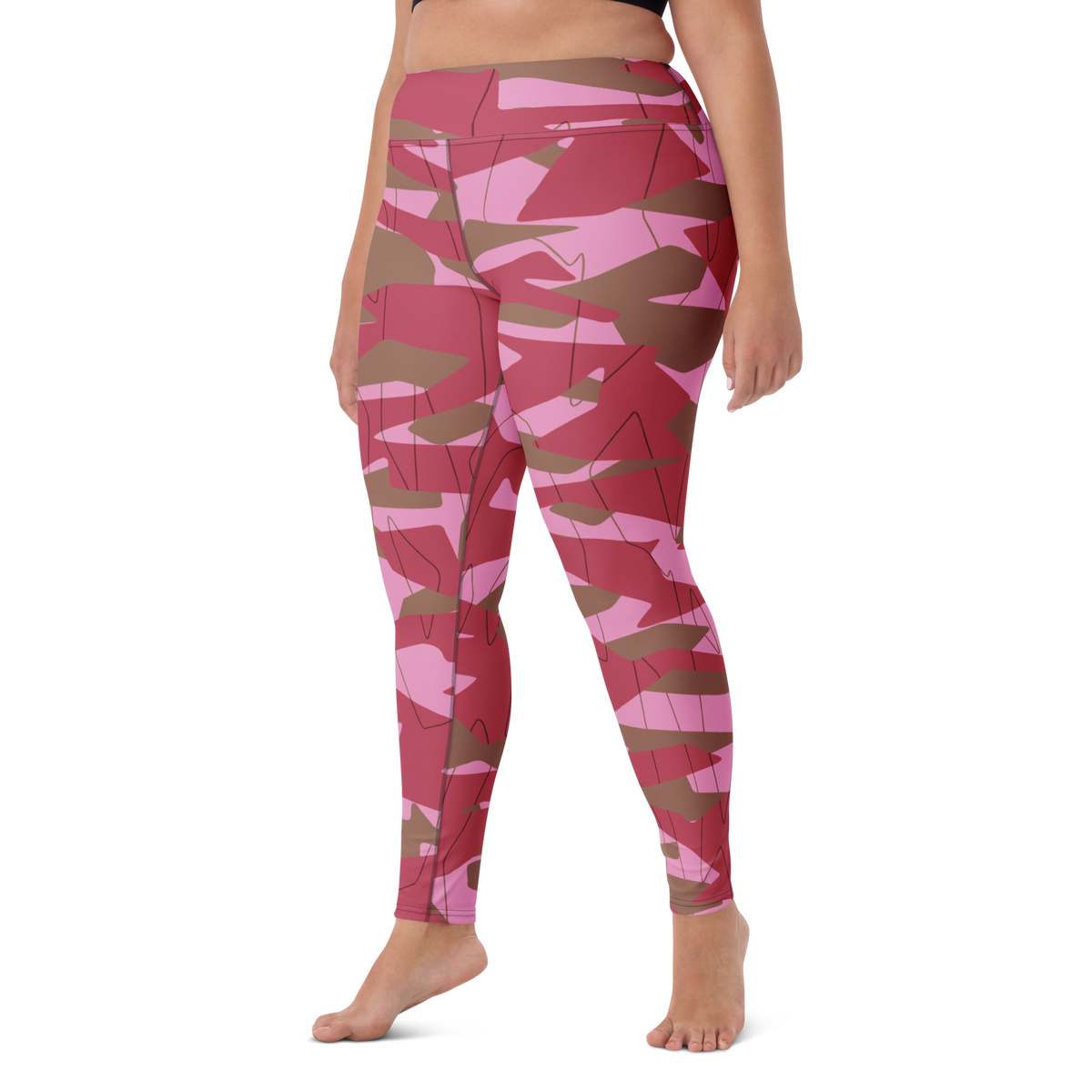 Timbre Deliciousness camouflage high-waisted yoga leggings, larger-model left-front view.